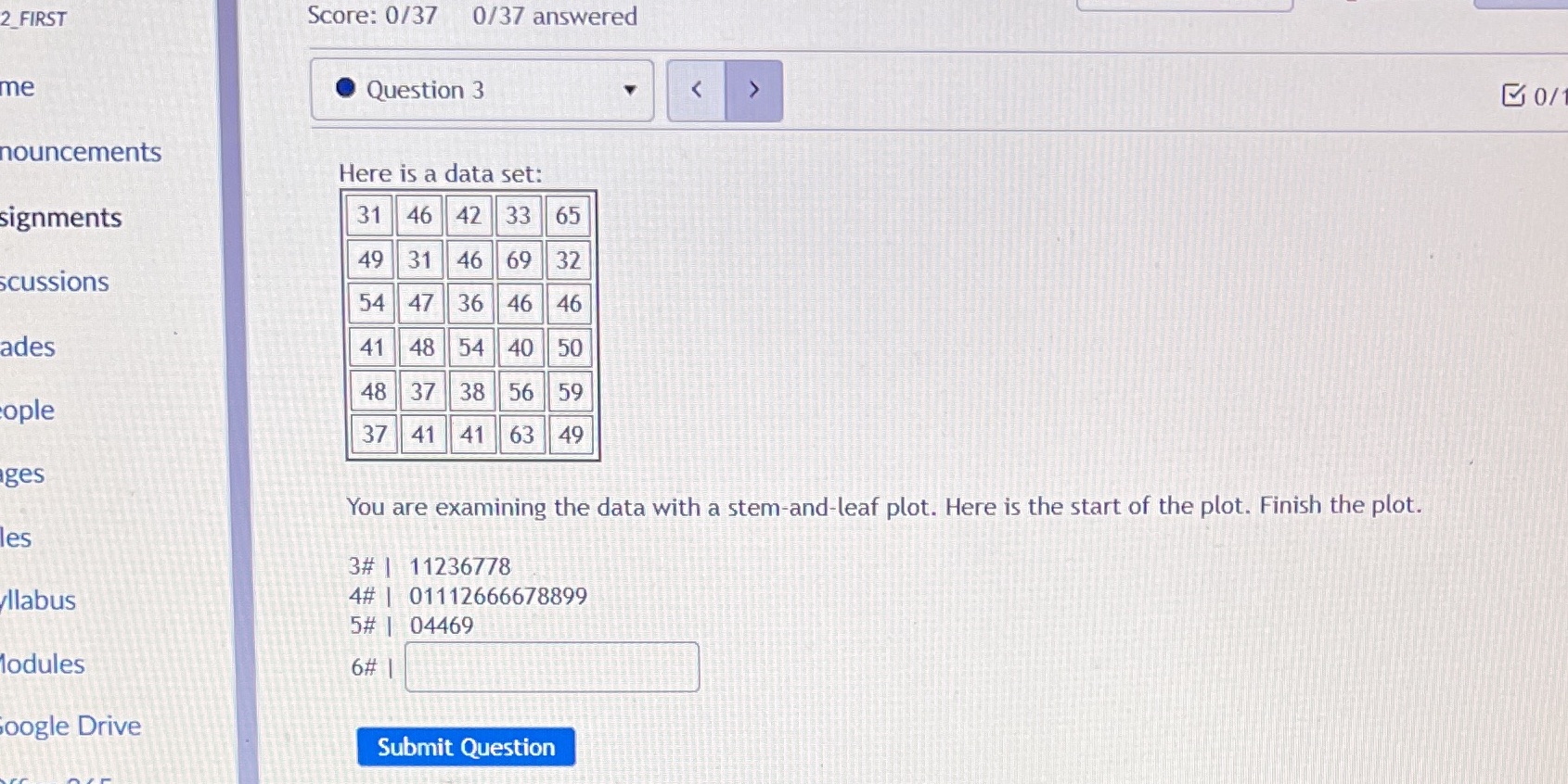 Score: 0/37 0/37 answered Question 3 Here is a data set: You