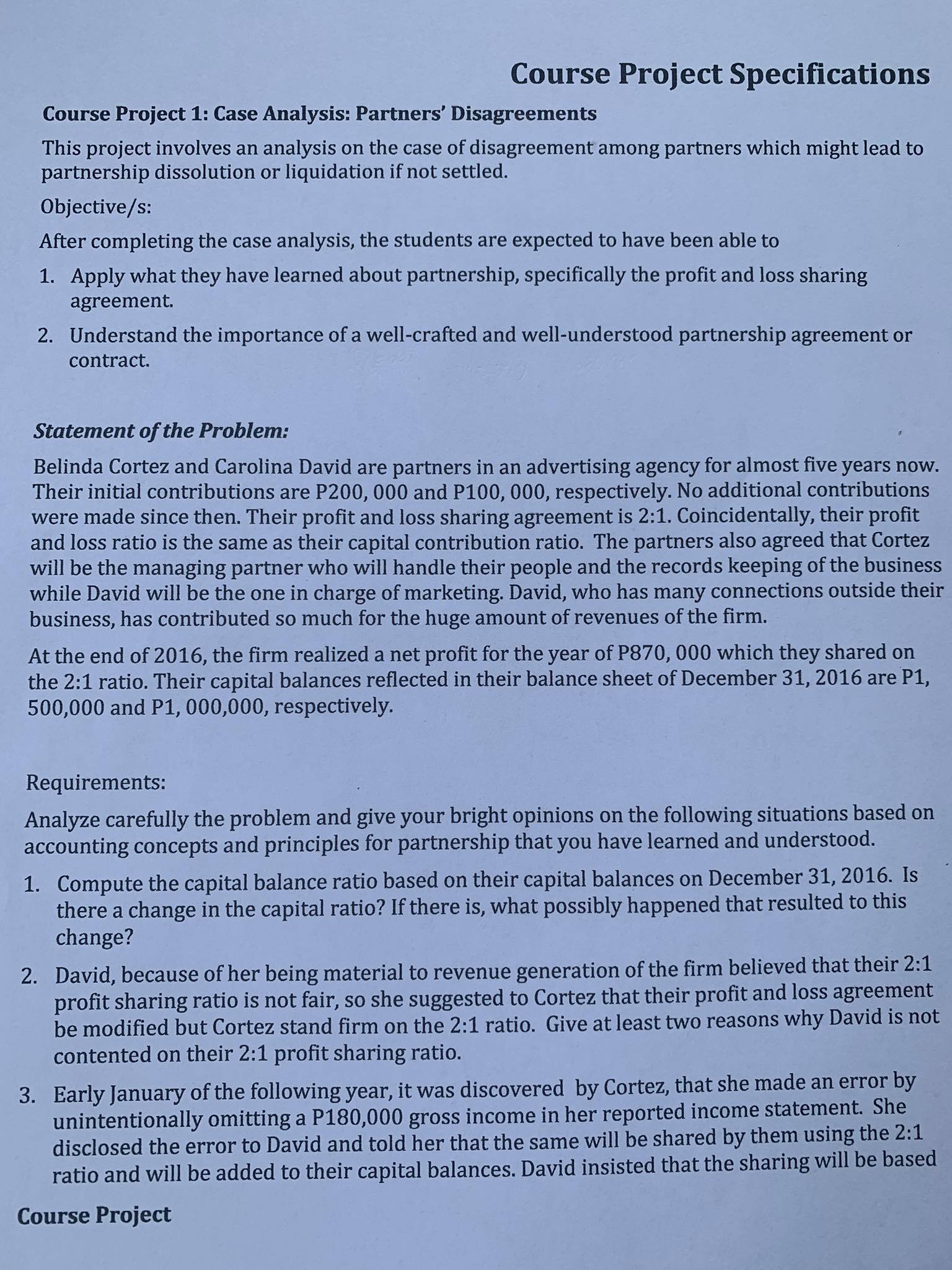  Course Project Specifications Course Project 1: Case Analysis: Partners' Disagreements This