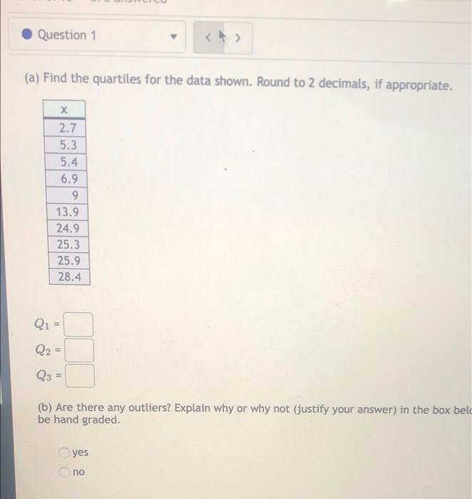  Question 1 (a) Find the quartiles for the data shown. Round