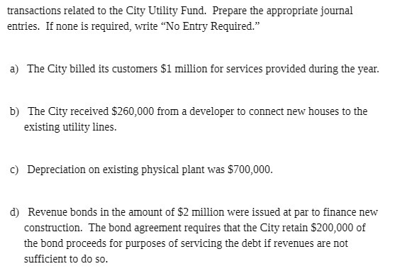 transactions related to the City Utility Fund. Prepare the appropriate journal entries.