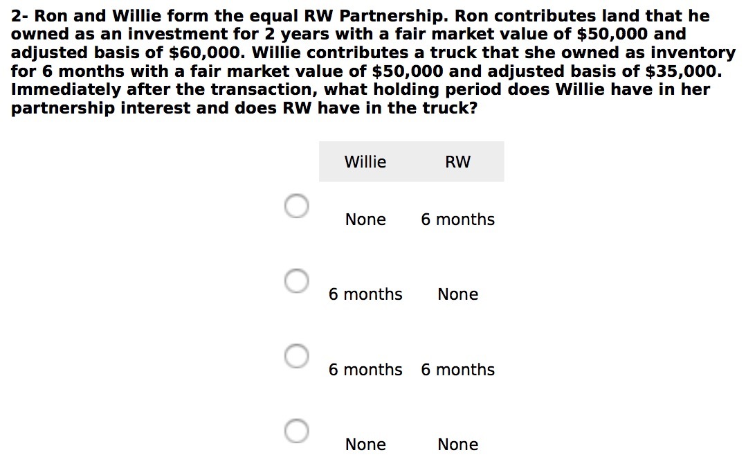 2- Ron and Willie form the equal RW Partnership. Ron contributes land