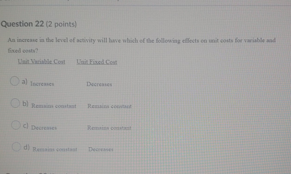 I need the answer? Question 22 (2 points) An increase in