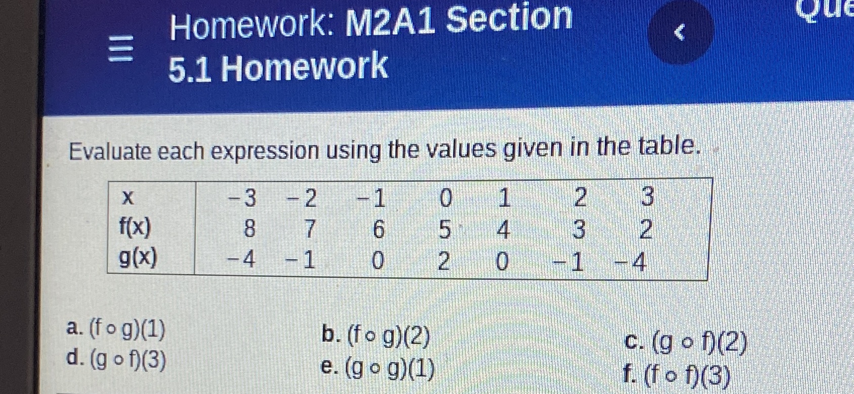  Que Homework: M2A1 Section 5.1 Homework Evaluate each expression using the