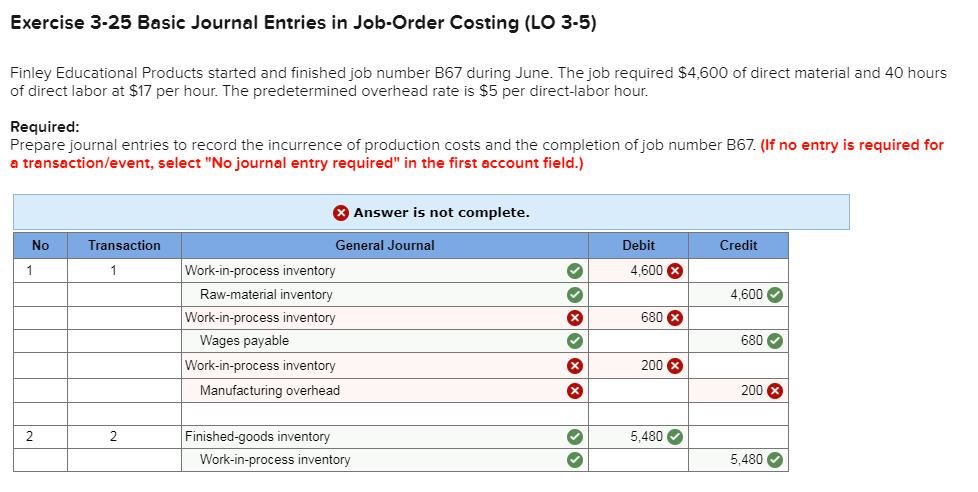 Exercise 325 Basic Journal Entries in Job-Order Costing (LO 35) Finley Educational