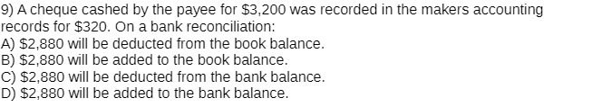 9) A cheque cashed by the payee for $3,200 was recorded