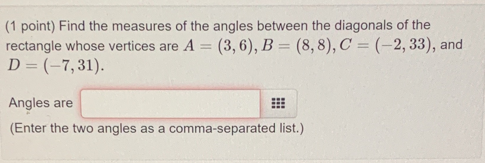 my mistake is. (1 point) Find the measures of the angles between