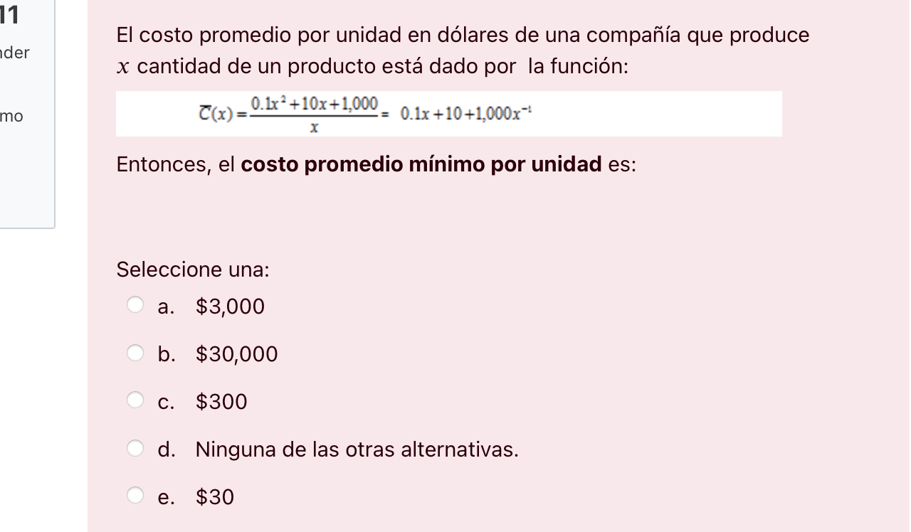 produce x cantidad de un producto est dado por la funcin: x