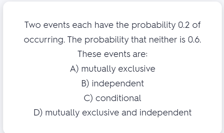 Two events each have the probability 0.2 of occurring. The probability that