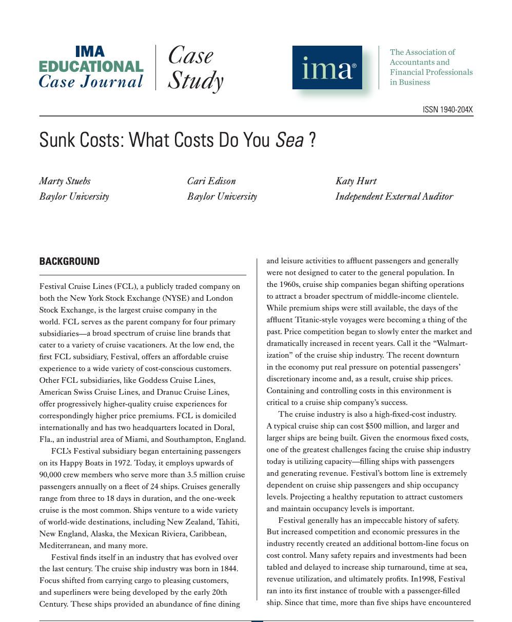 Sunk Costs: What Do You Sea? the following case questions by