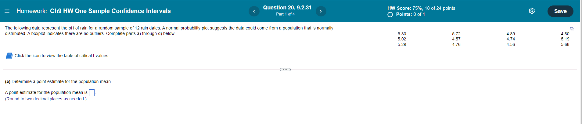 of 4 HW Score: 75%, 18 of 24 points The following data