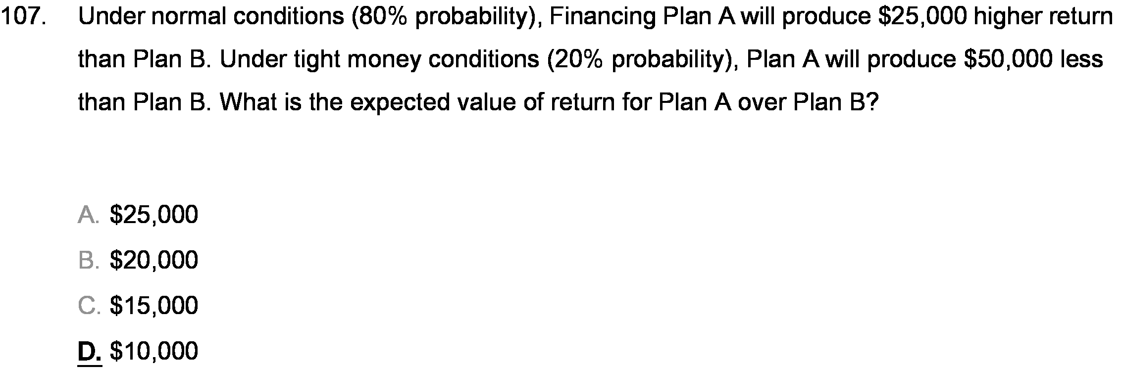 $25,000 higher return than Plan B. Under tight money conditions (20% probability),