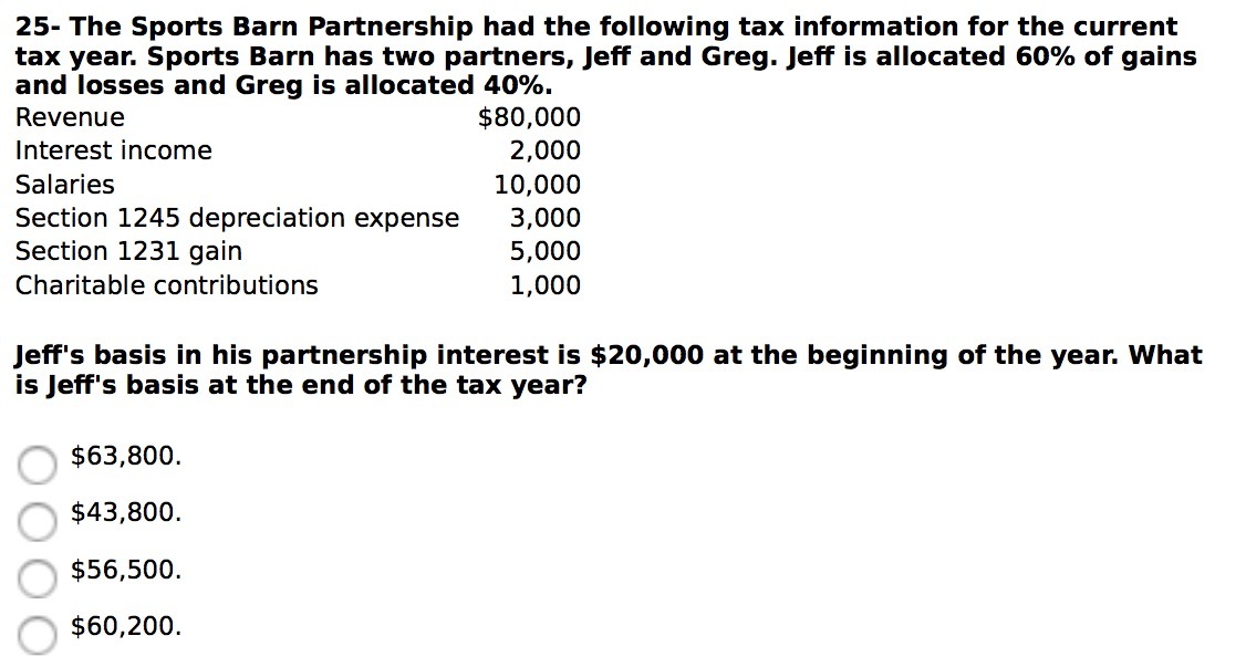 current tax year. Sports Barn has two partners, Jeff and Greg. Jeff