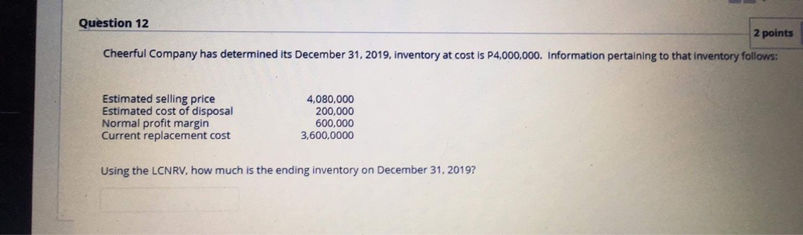 2019. inventory at cost Is Information pertaining to that Estimated selling price