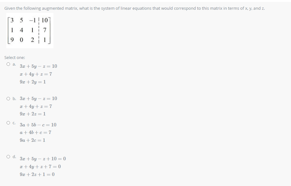 that would correspond to this matrix in terms of x, y, and