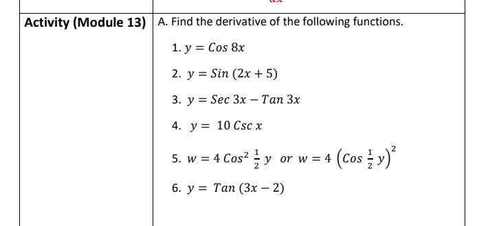 the following functions. 1. y = Cos 8x 2. y = Sin