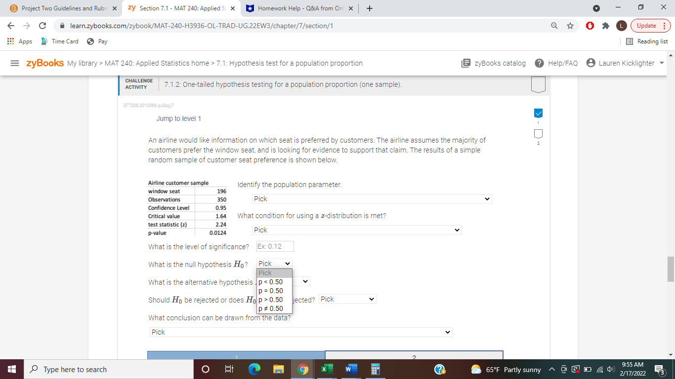 preference is shown below. Airline customer sample Identify the population parameter. window