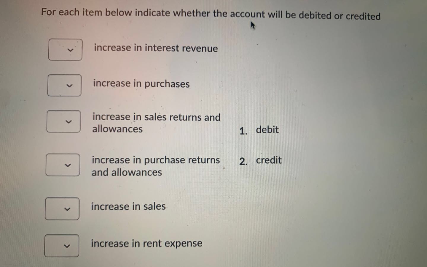 INDICATE WHETHER ACCOUNT WILL BE DEBITED OR CREDITED For each item