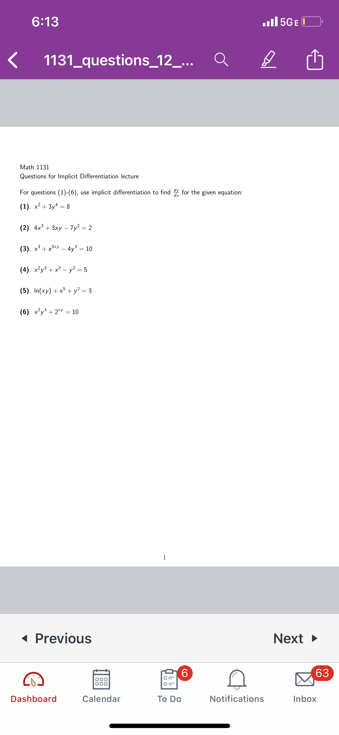 questions (1)-(6), use implicit differentiation to find for the given equation: (1).
