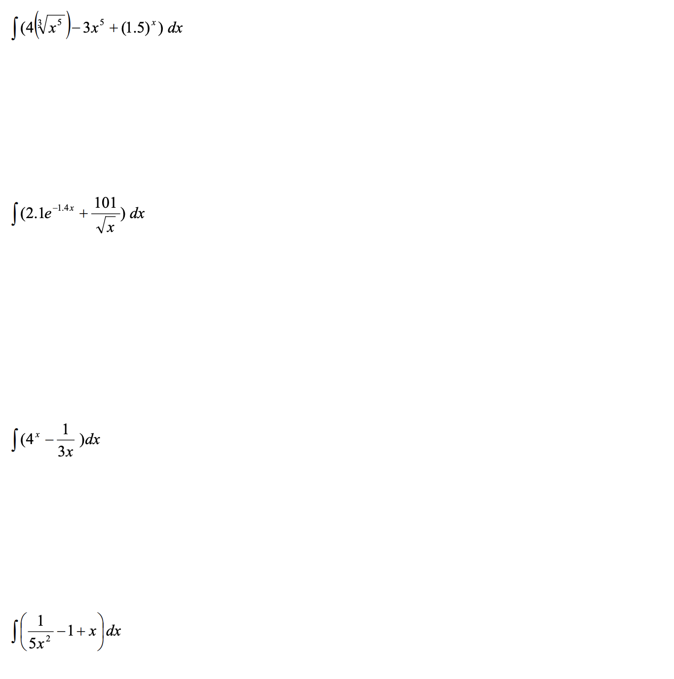 1e-1.4x | 101 Vx - dx 1(4x _1 - )dx 3x 5