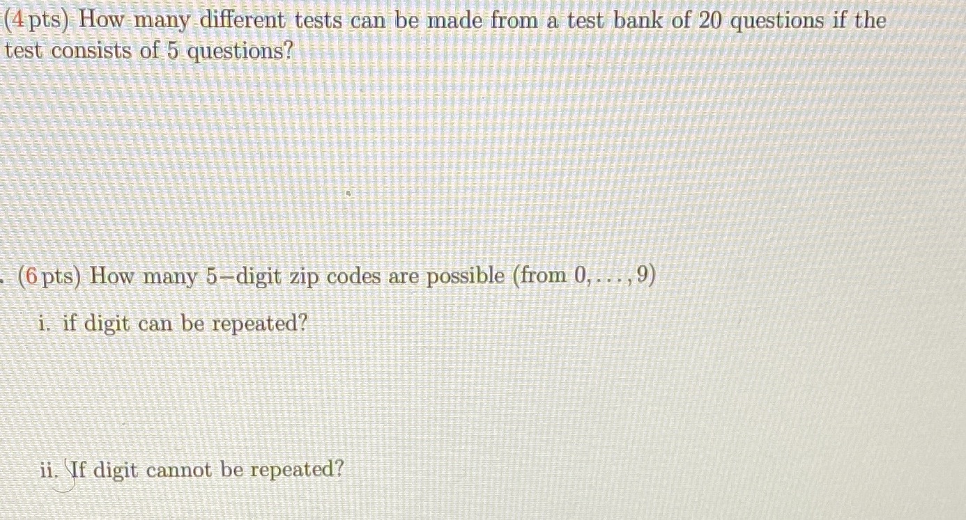 test bank of 20 questions if the test consists of 5 questions?