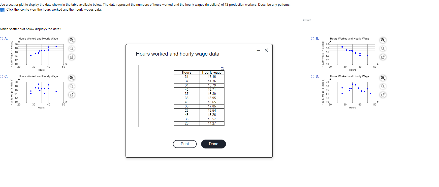 available below. The data represent the numbers of hours worked and the