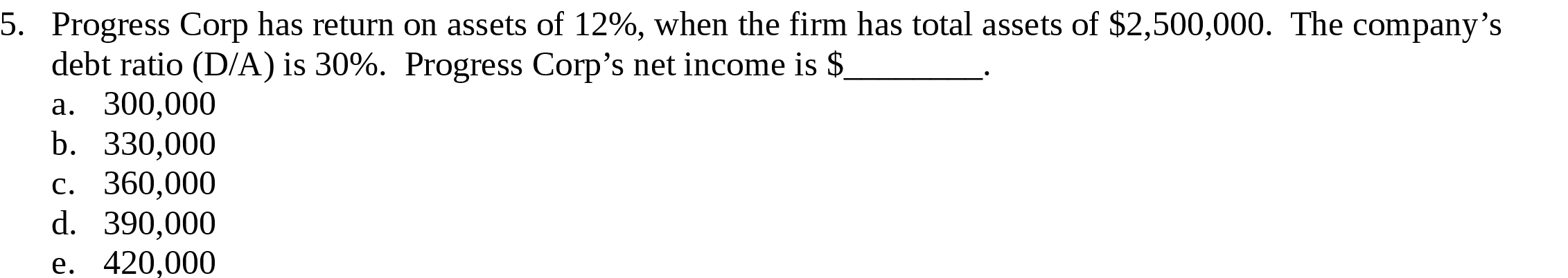  5. Progress Corp has return on assets of 12%, when the