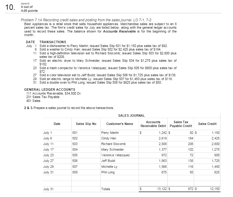 and posting from the sales journal LO 7-1 7-2 Best Applian:es is