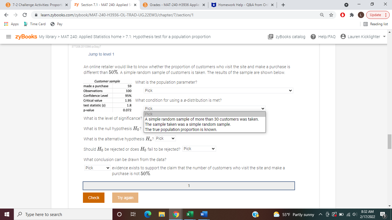 What is the population parameter? made a purchase 59 Observations 100 Pick