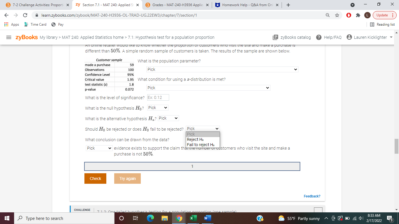level of significance? Ex: 0.12 What is the null hypothesis Ho? Pick