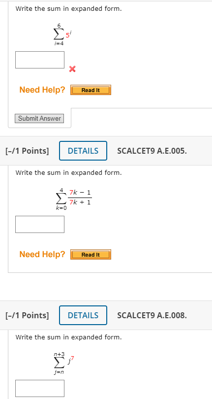 Help? Read It Submit Answer [-/1 Points] DETAILS SCALCET9 A.E.005. Write the