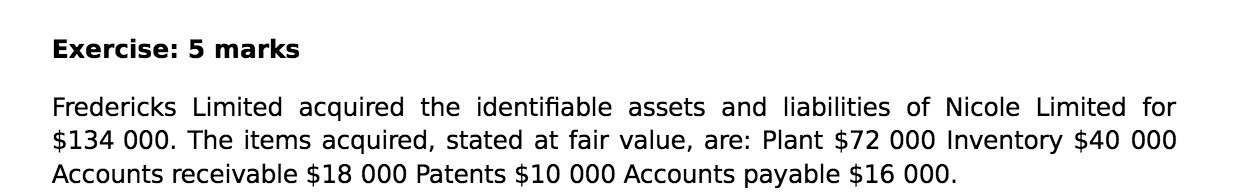 Nicole Limited for $134 000. The items acquired, stated at fair value,