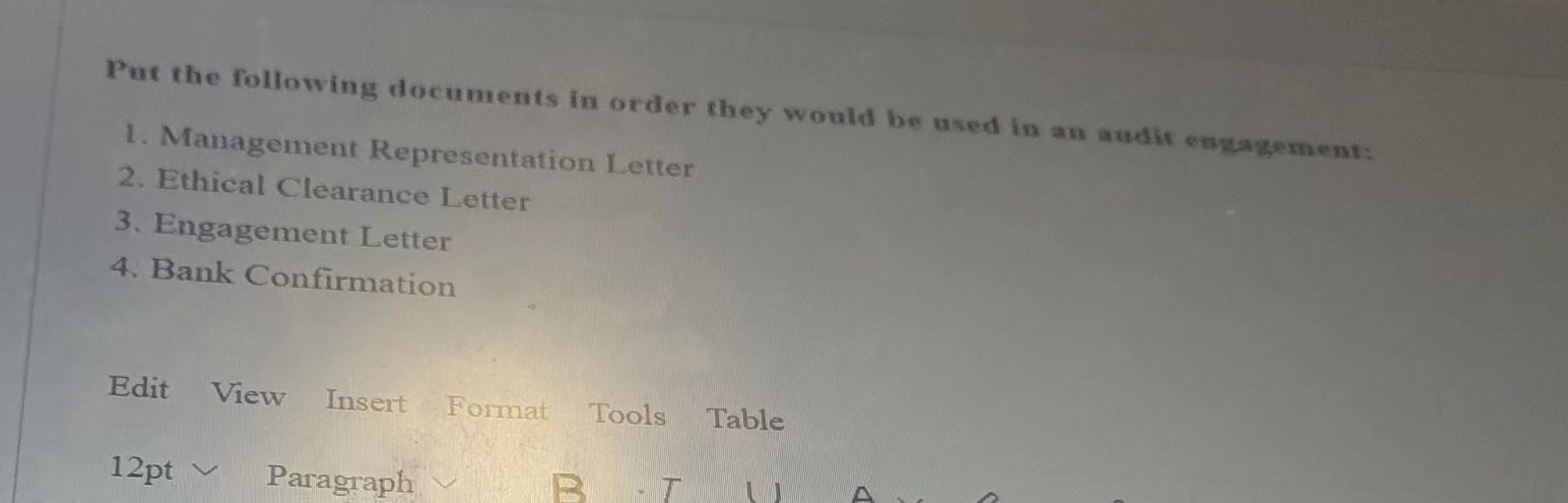  Put the following documents in order they would be used in