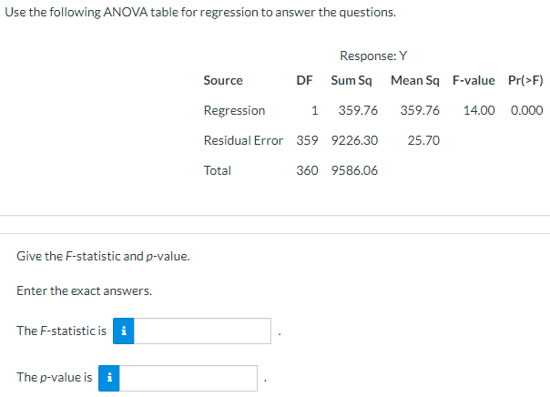 Y Source Regression Residual Error Total Give the F-statistic and p-value. Enter