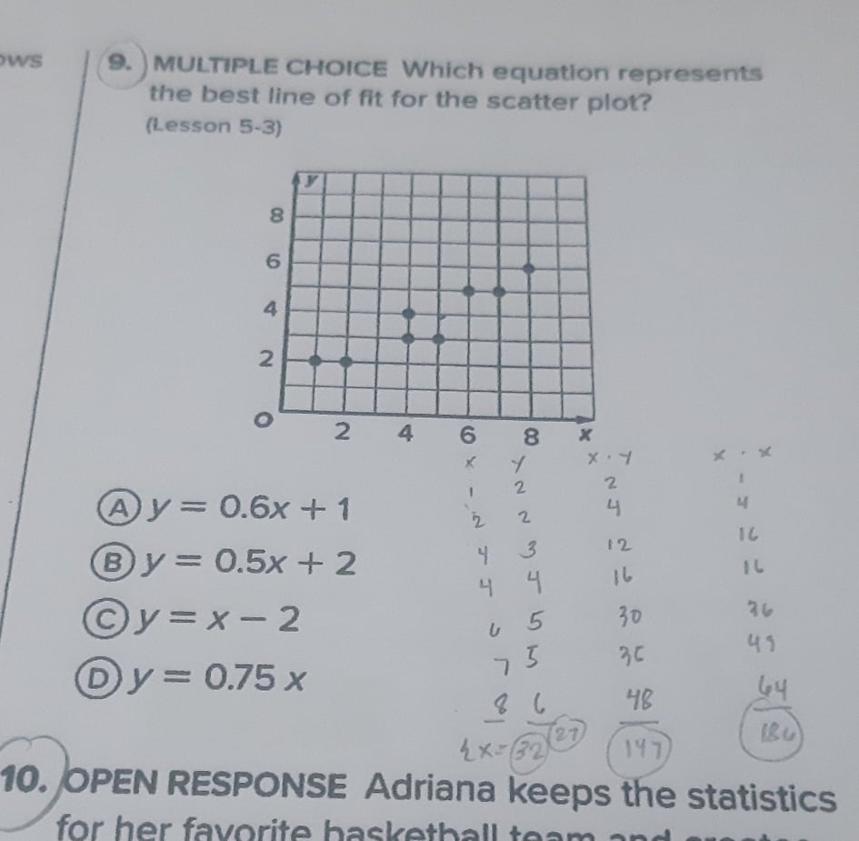  WS 9. MULTIPLE CHOICE Which equation represents the best line of
