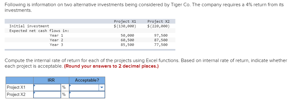 Following is information on two alternative investments being considered by Tiger Co.