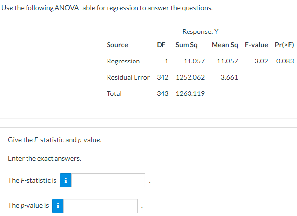 use the following ANOVA table for regression to answer the questions. Response: