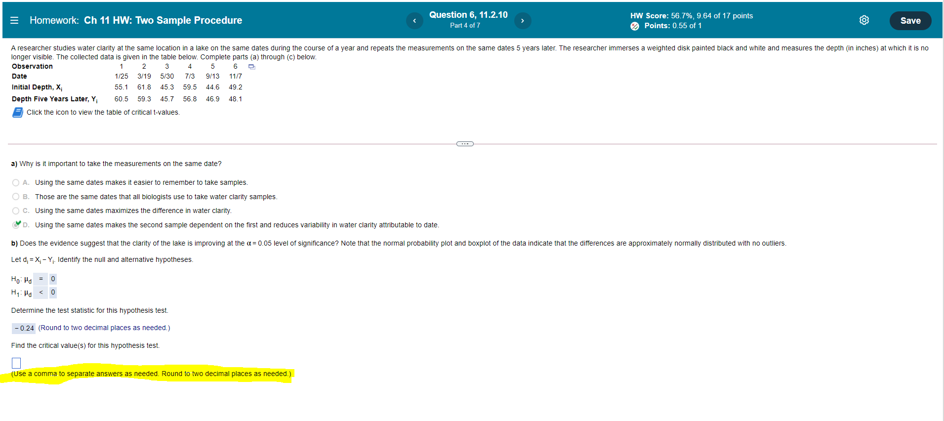 Homework: Ch 11 HW: Two Sample Procedure Question 6, 11.2.10 Part 40f7