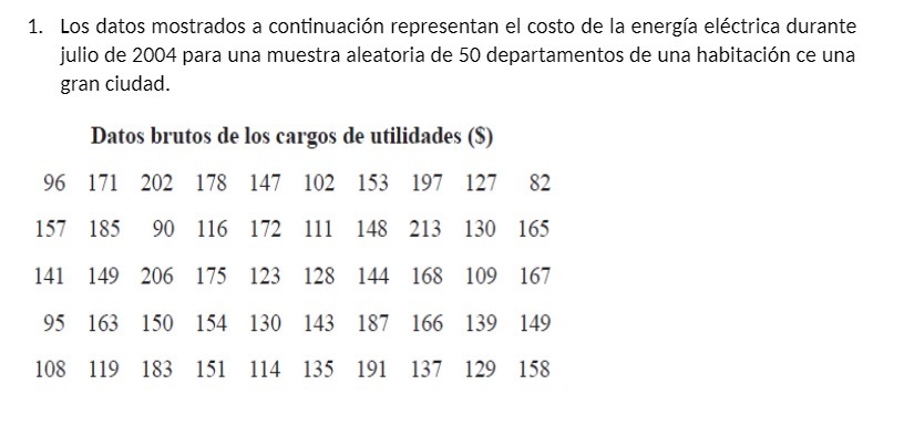 1. Los datos mostrados a continuaci6n representan el costo de la energfa