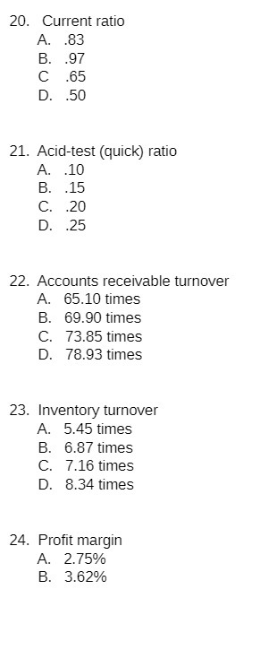 20. Current ratio A. .83 B. .97 C .65 D. .50