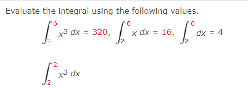 Evaluate the integral using the following values. 6 6 6 x3