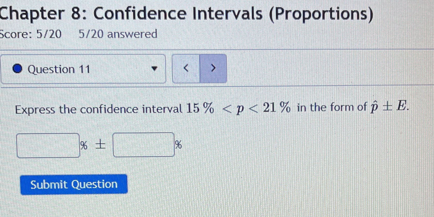 Express the confidence interval 15% < p < 21 ln the form