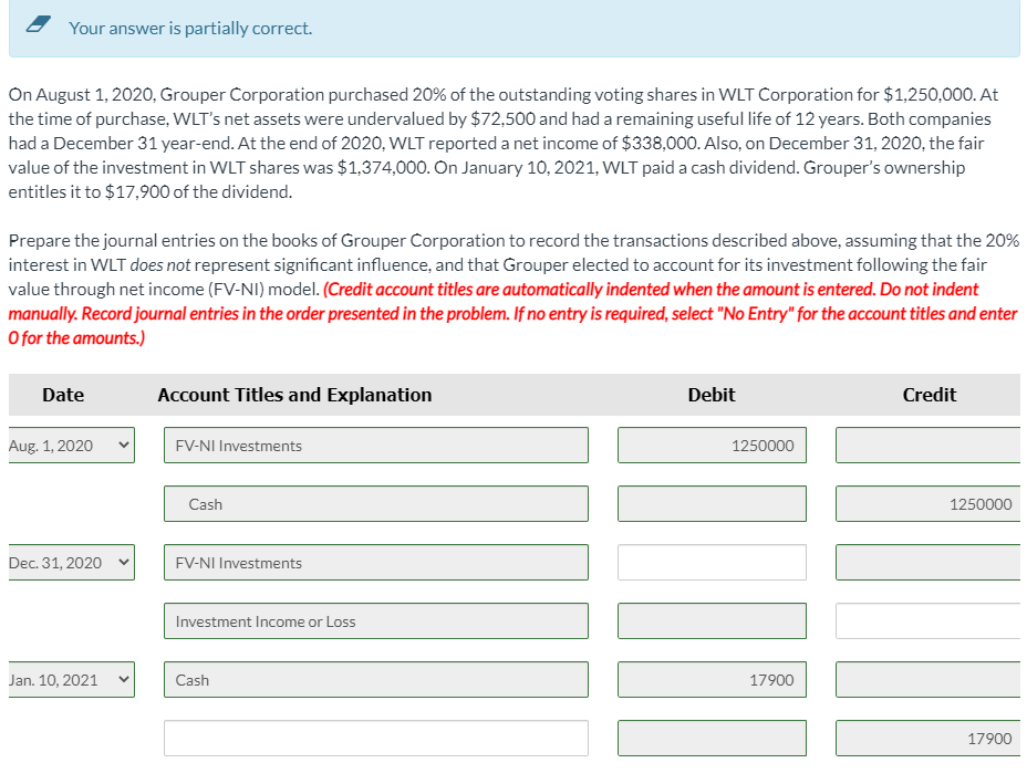 purchased 20% of the outstanding voting shares in WLT Corporation for $1,250,000.