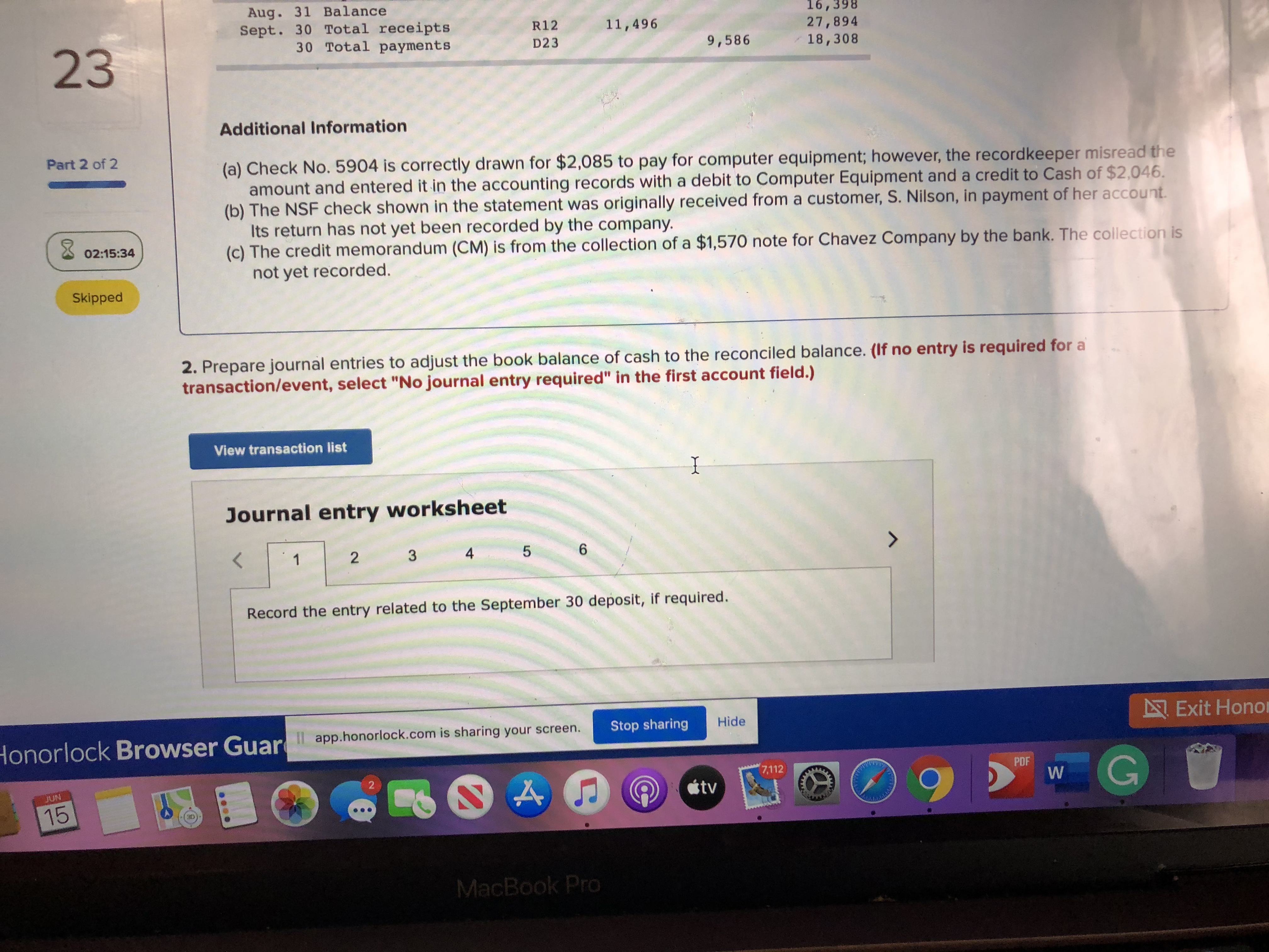 W MacBook Pro23 Required information Journal entry worksheet Part 2 of 2