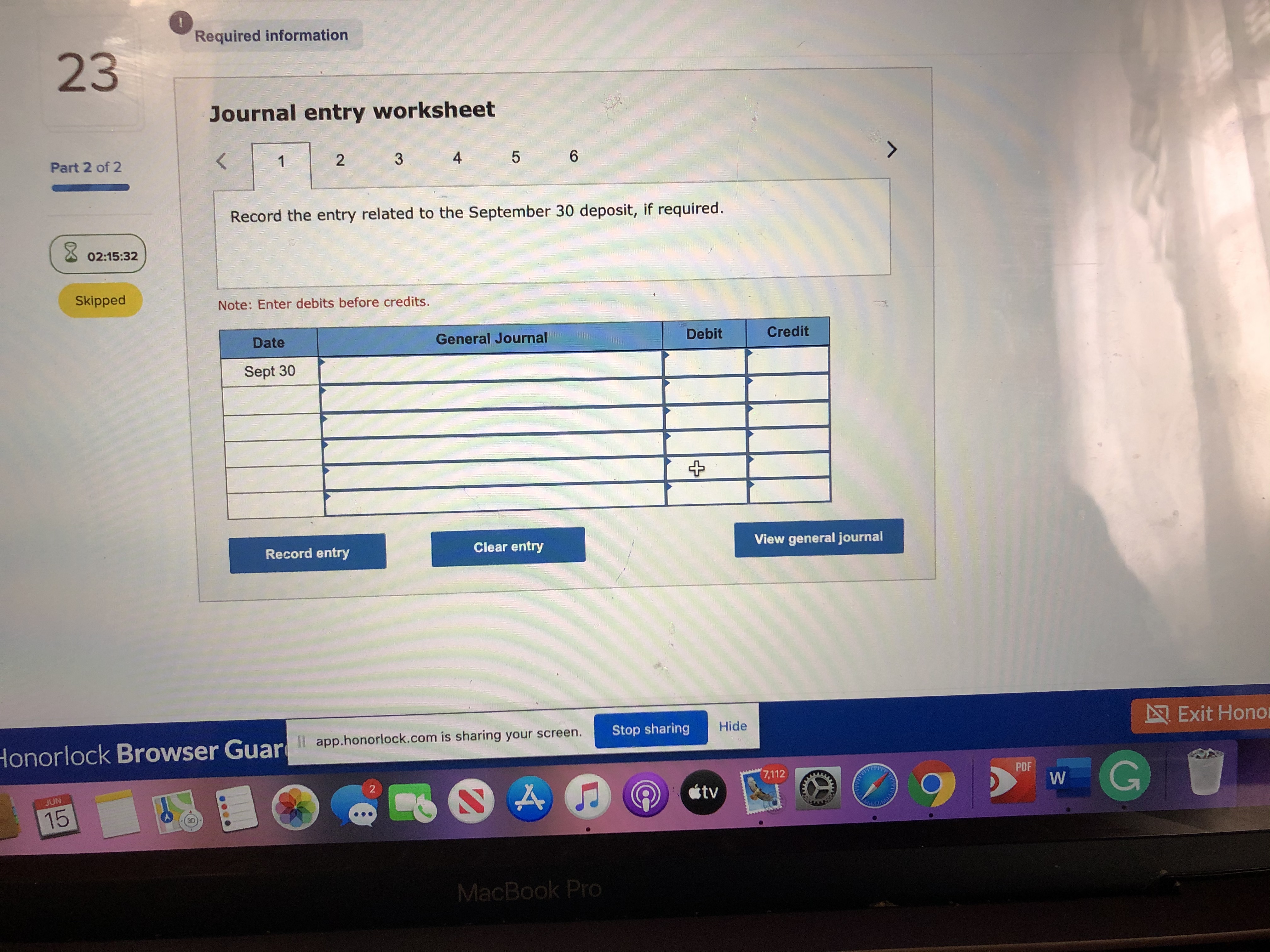 Journal Debit Credit Sept 30 Record entry Clear entry View general journal