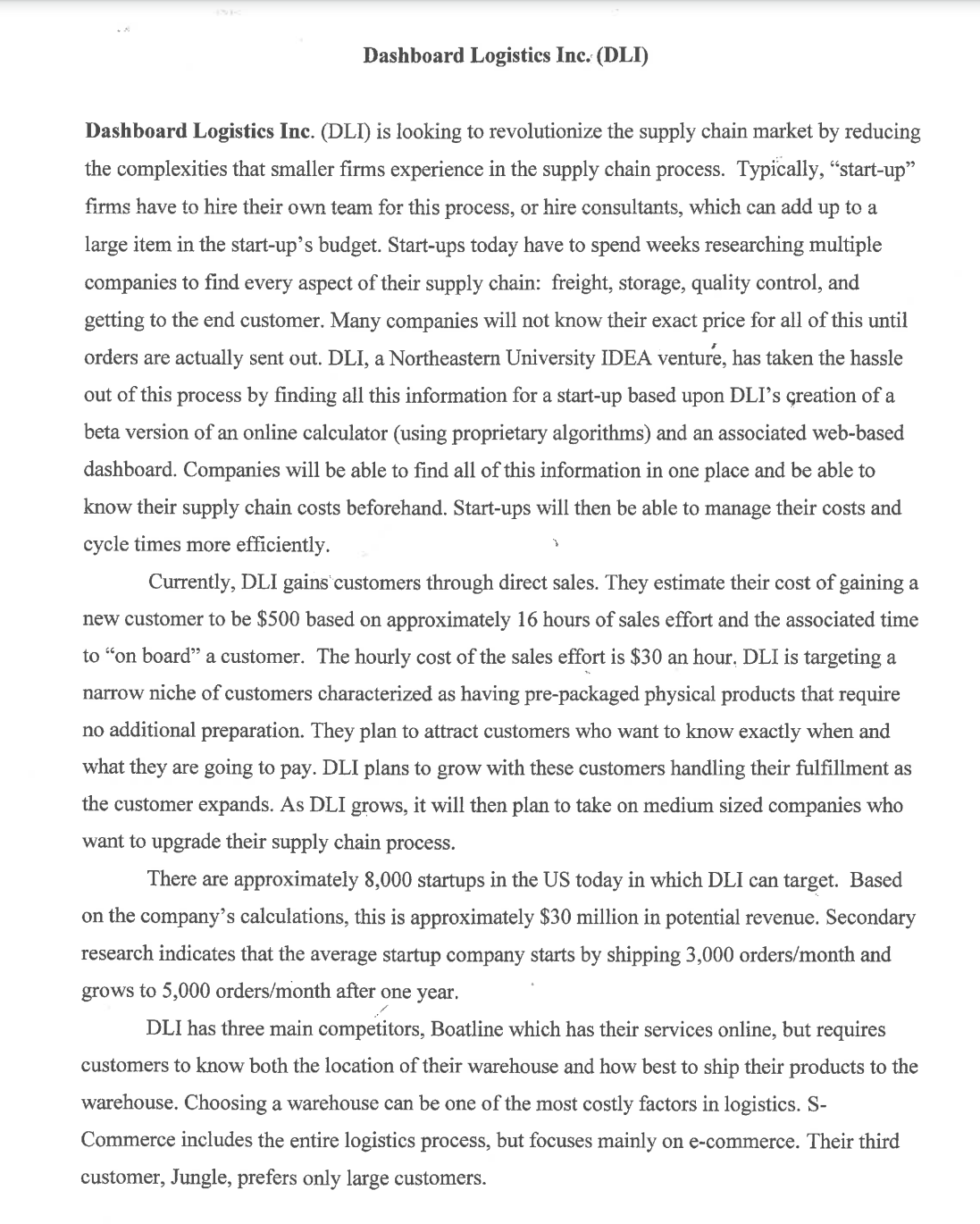 answer 1 & 2 Dashboard Logistics Inc; (DLI) Dashboard Logistics Inc.
