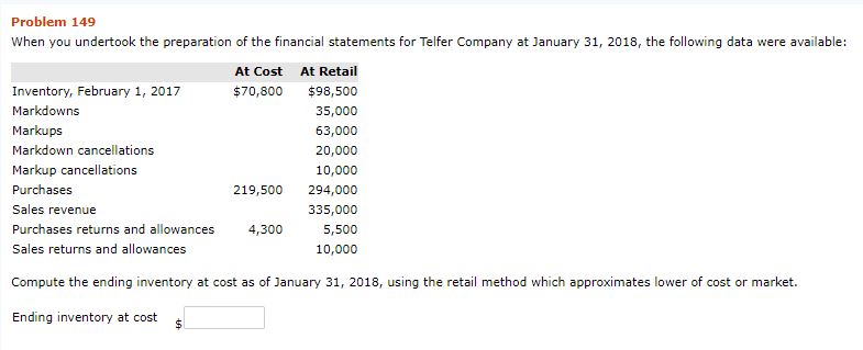 Telfer Company at January 31, 2018, the following data were available: Inventory,