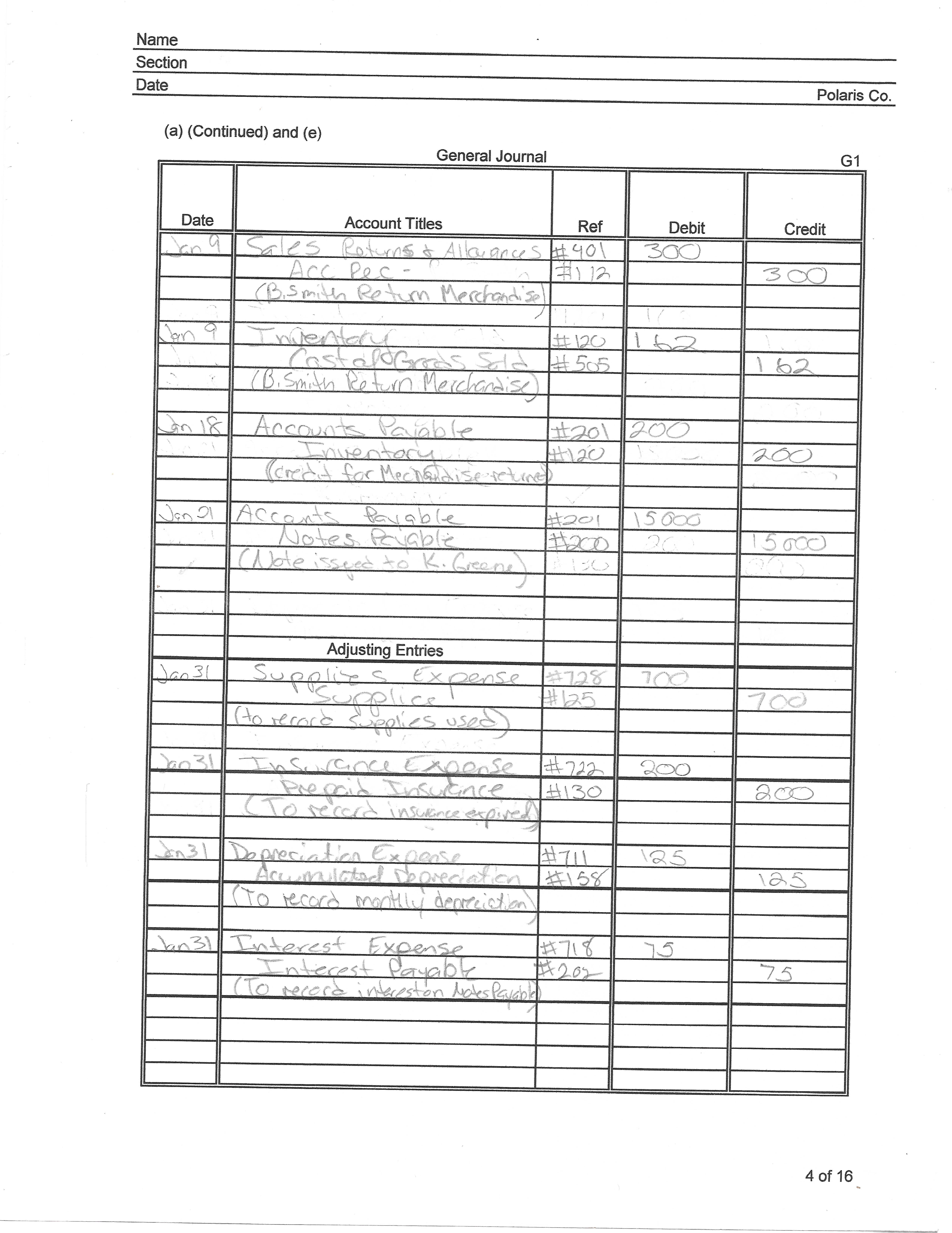 Name Section Date Polaris Co. Polaris Company Work Sheet For the Month