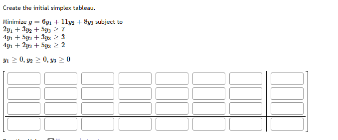 please assist Create the initial simplex tableau. Minimize g = 6y1