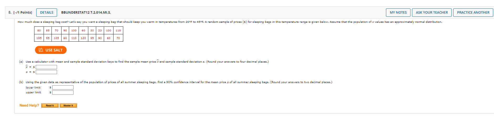 decimal places.) x = $ S = (b) Using the given data