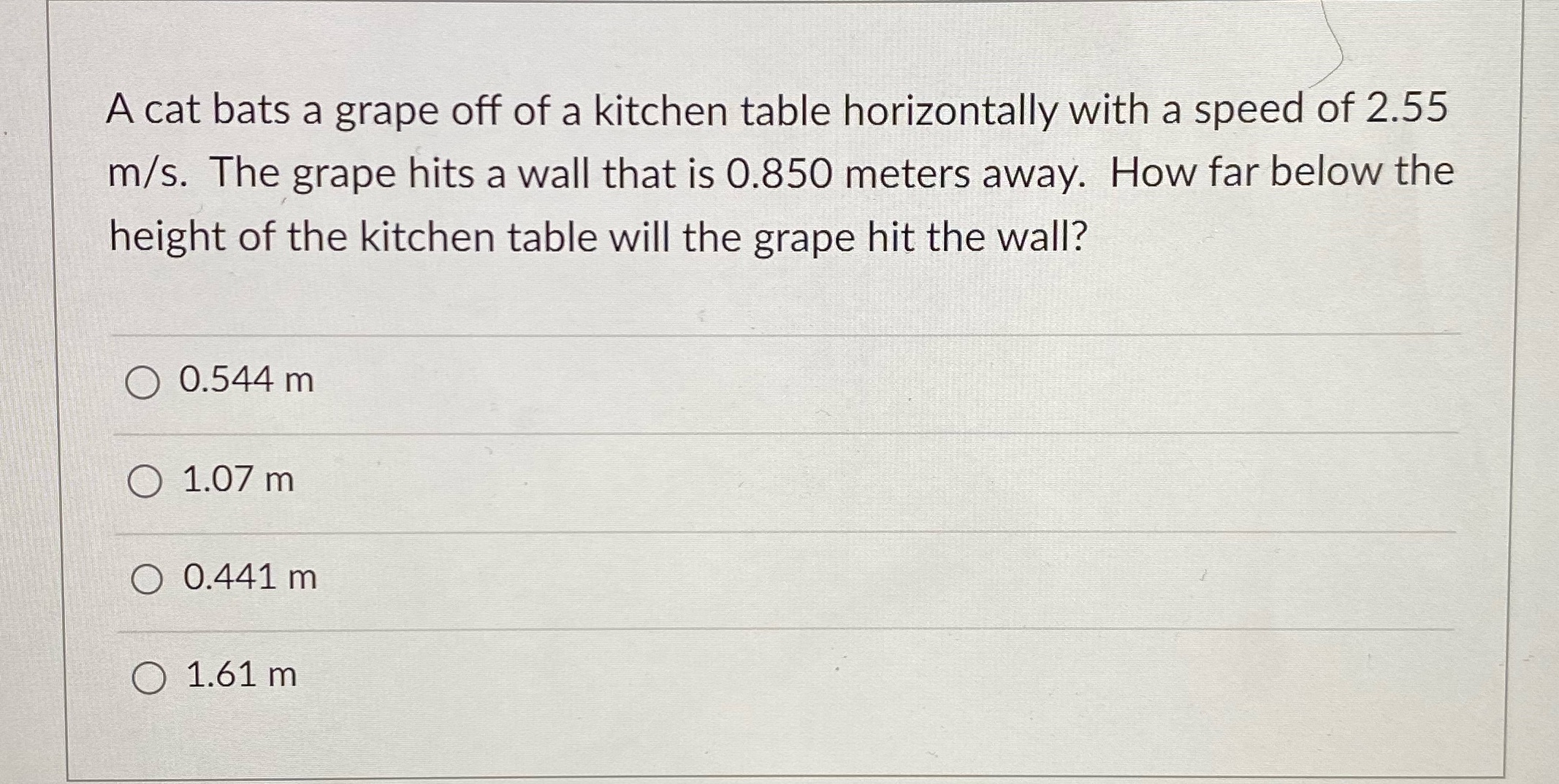 with a speed of 2.55 m/s. The grape hits a wall that